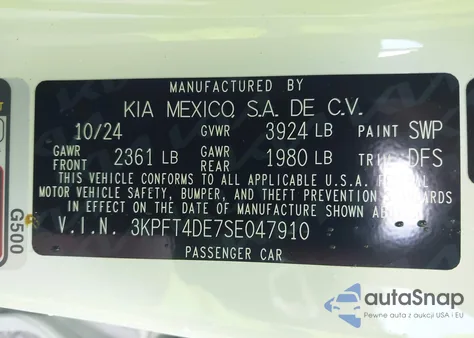 2025 Kia K4 Lxs z USA, uszkodzony, nr VIN 3KPFT4DE7SE047910